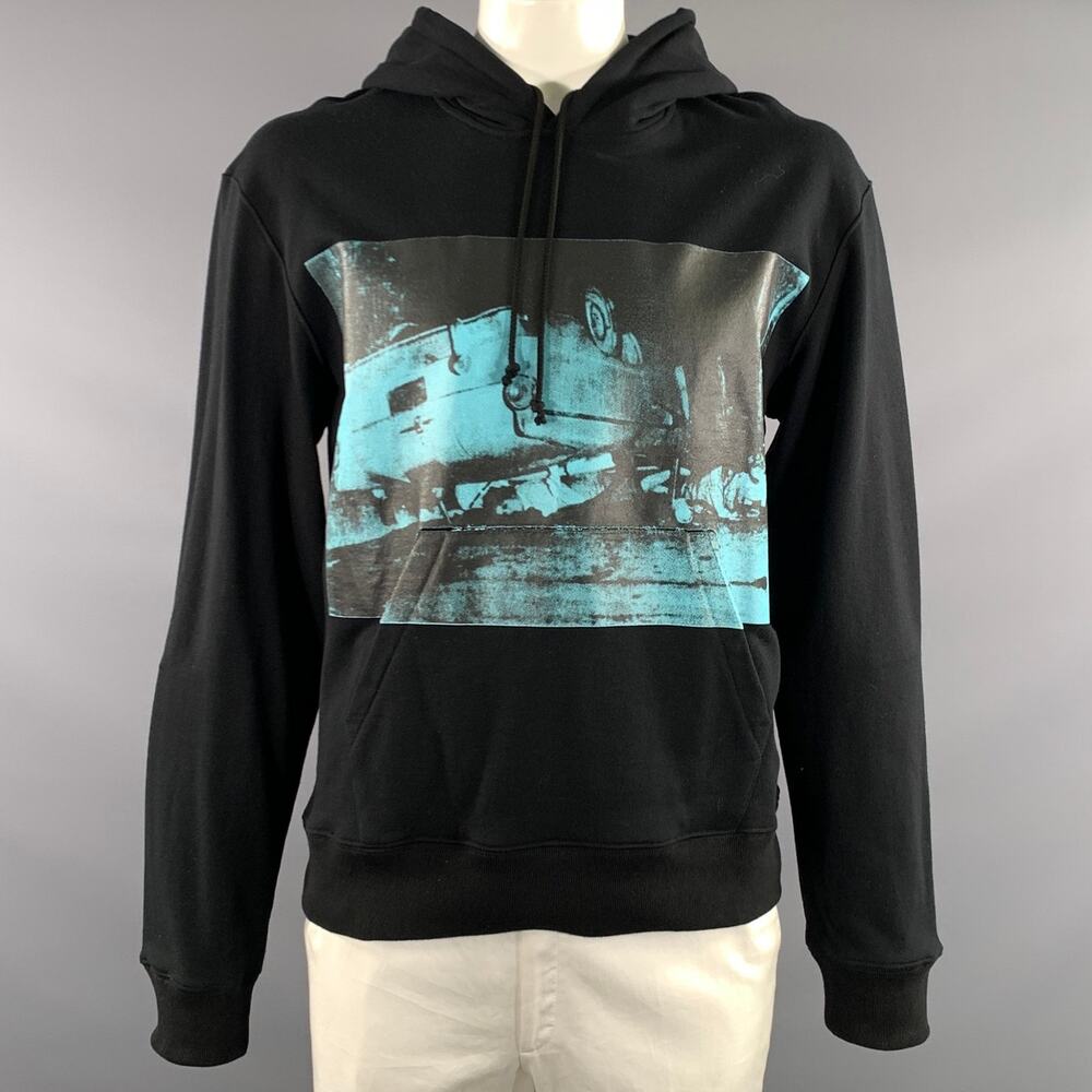 CALVIN KLEIN 205W39NYC Size L Black Blue Graphic Cotton Hoodie Sweatshirt